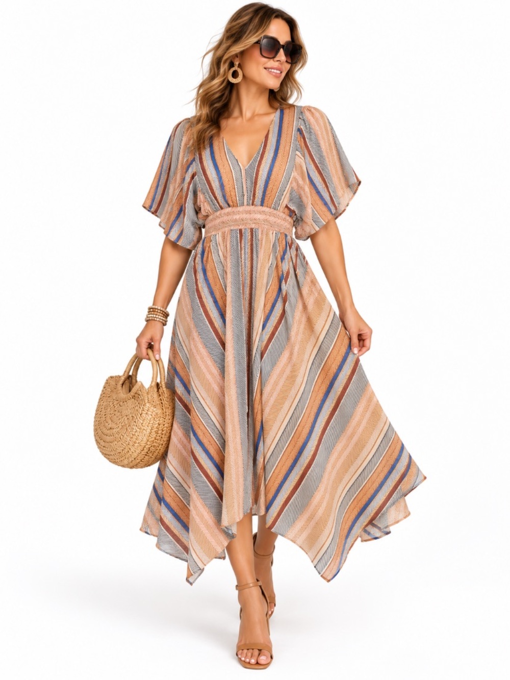 Melloday Multicolor Striped V-Neck Mediterranean Artisan Boho Maxi Dress Size XL